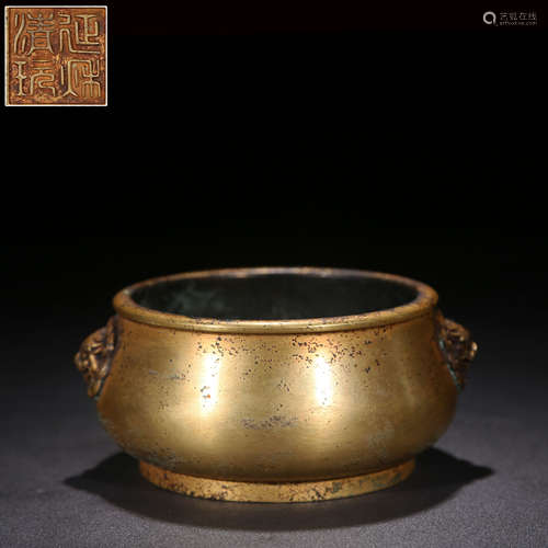 A Chinese Gild Bronze Beast Ears Incense Burner