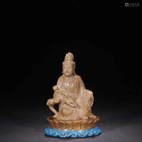 A Chinese colored drawing Shoushan Stone Carved Guanyin Statue