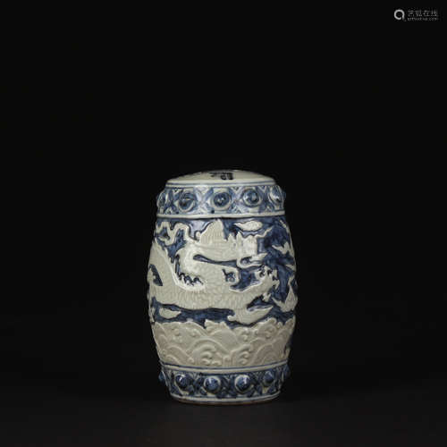 A Chinese Blue and White Dragon Pattern Relief Porcelain Stool