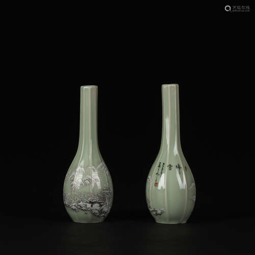 A Pair of Chinese Grisaille Porcelain Melon-shaped Vase