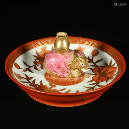 A Chinese Iron Red Gild Elephant Floral Porcelain incense Plate