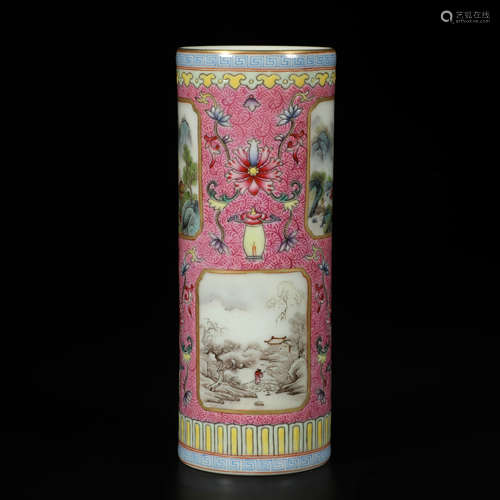 A Chinese Famille Rose Landscape Porcelain Brush Pot