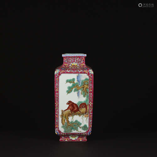 A Chinese Red Glazed Famille Rose Floral Porcelain Square Vase