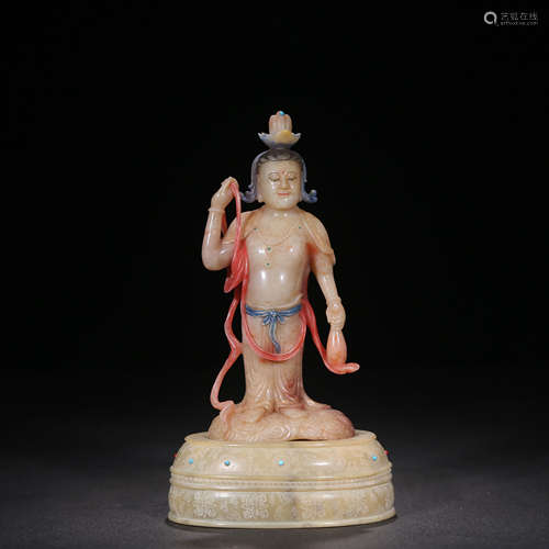 A Chinese colored drawing Shoushan Stone Carved Guanyin Statue