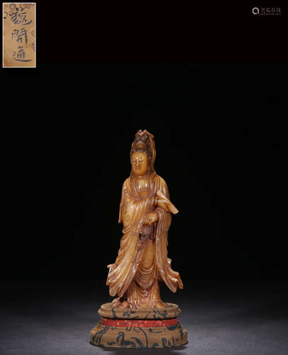 A Chinese Shoushan Stone Carved Guanyin Statue