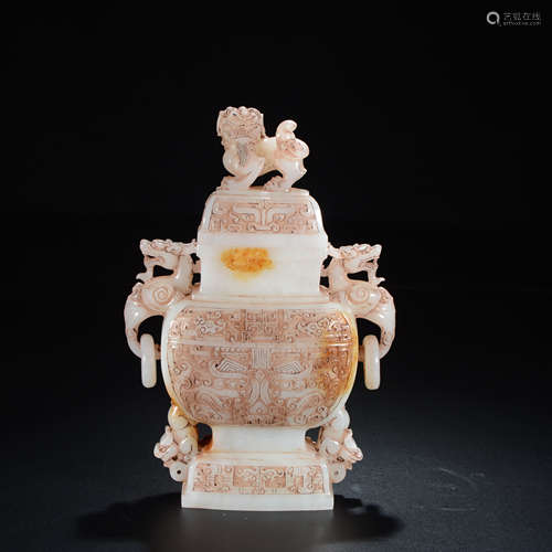 A Chinese Chi Dragon Beast Ears Carved Jade Vase