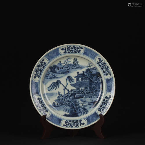 A Chinese Blue and White pavilion Painted Porcelain Plate