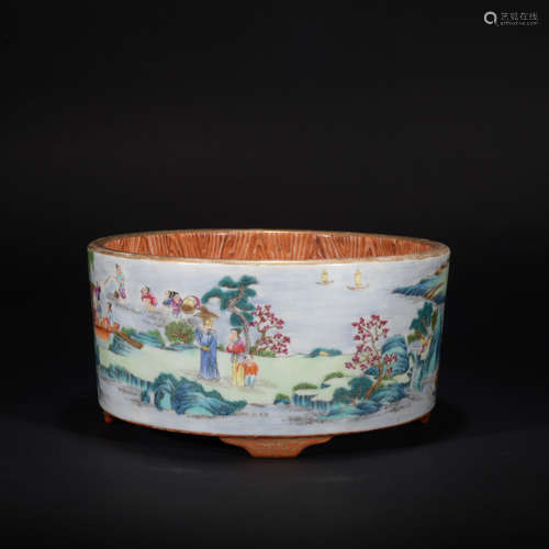 A Chinese Famille Rose Landscape Porcelain Brush Washer