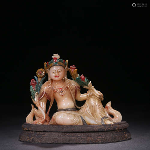 A Chinese colored drawing Shoushan Stone Carved Guanyin Statue