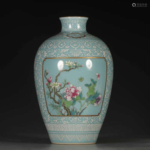 A Chinese Famille Rose Azure Glaze Floral Porcelain Vase