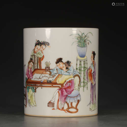 A Chinese Famille Rose Figure Painted Porcelain Brush Pot