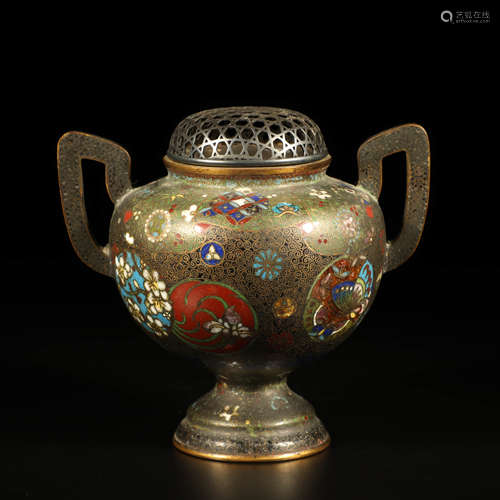 A Chinese Cloisonne Enamel Gild Double Ears Incense Burner