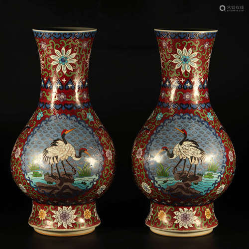 A Pair of Chinese Cloisonne Enamel Floral Porcelain Vase