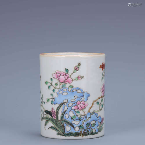 A Chinese Famille Rose Floral Porcelain Brush Pot