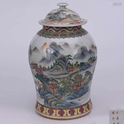 A Chinese Famille Rose Landscape Painted Porcelain Jar