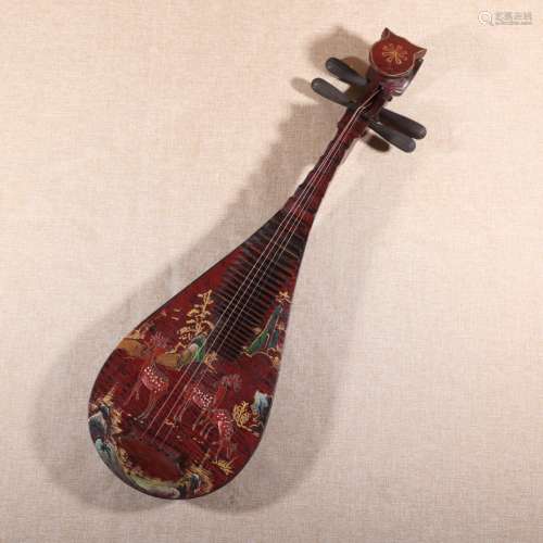 A Chinese Landscape Deer Painted Lacquer Musical instrument Pipa
