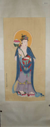 A Chinese Guanyin Painting Silk Scroll
