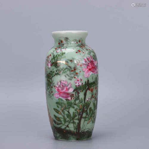 A Chinese Famille Rose Cyan Glaze Porcelain Tube Vase