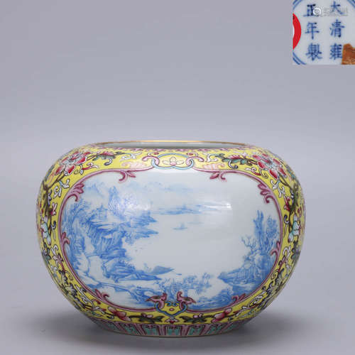 A Chinese Blue Landscape Painted Porcelain Yellow Brush Washer