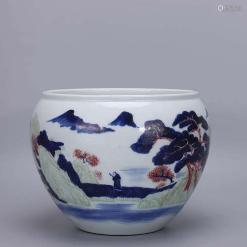 A Chinese Blue and White Underglazed Red Figure Painted  Porcelain Vat