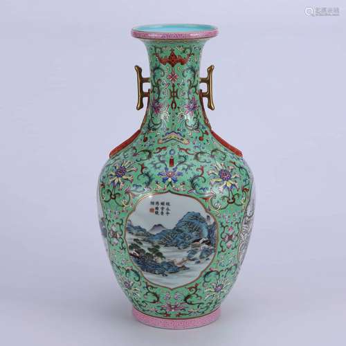 A Chinese Gild Landscape Painted Porcelain Double Ears Vase