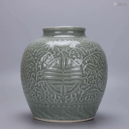 A Chinese Cyan Glazed Lotus Pattern Porcelain Jar