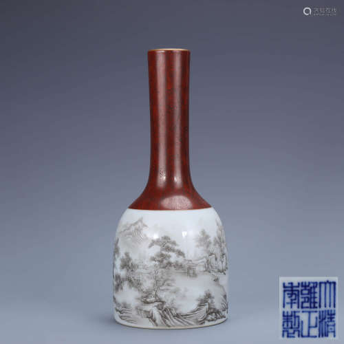 A Chinese Wood Grain Grisaillle Landscape Porcelain Bell-shaped Zun