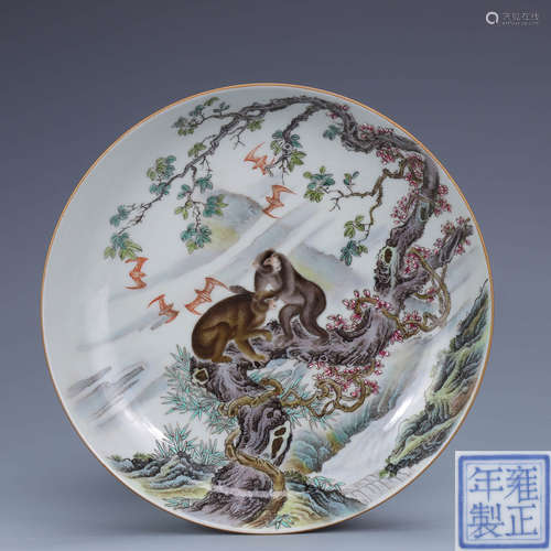 A Chinese Famille Rose Monkey Painted Porcelain Plate