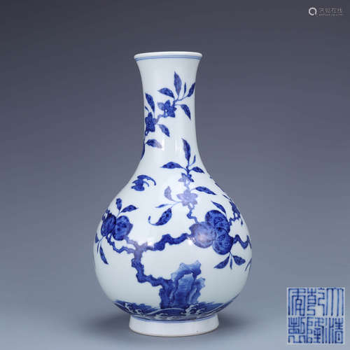 A Chinese Blue and White Floral Peach Painted Porcelain Flower Vase