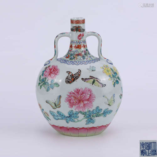 A Chinese Famille Rose Butterfly and Flower Painted Porcelain Double Ears Obate Vase