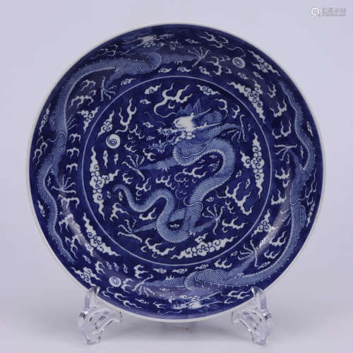 A Chinese Blue and White Dragon Pattern  Porcelain Blue Plate