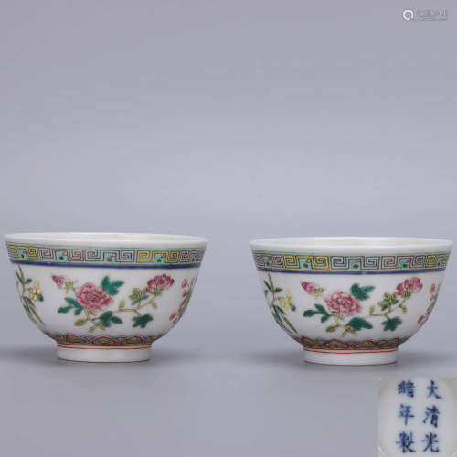 A Pair of Chinese Famille Rose Floral Porcelain Cups