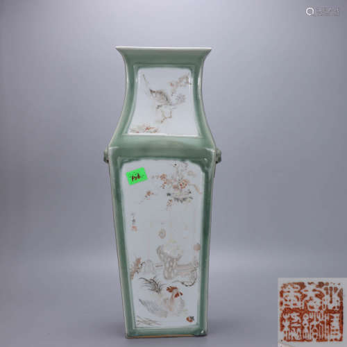 A Chinese Cyan Glazed Landscape Porcelain Double Ears Square Vase