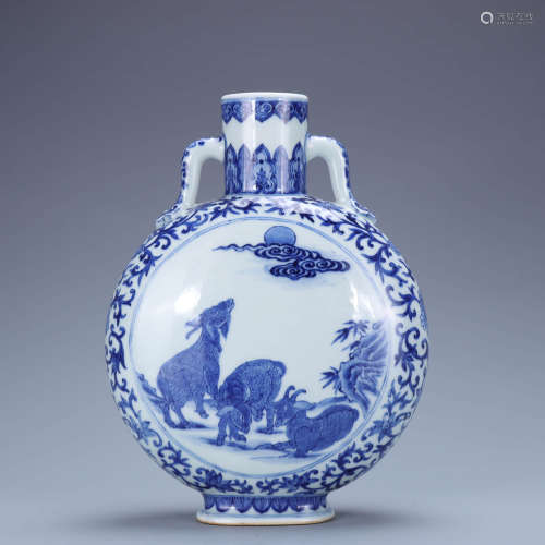 A Chinese Blue and White Sheep Painted Porcelain Double Ears Vase