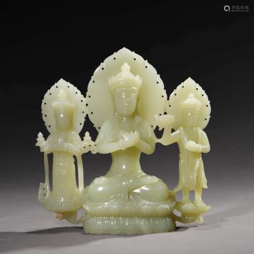 A Chinese Jade Carved Buddha and Bodhisattva Statue