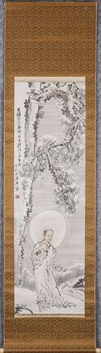 Chinese scroll painting of luo han under pine tree, by Wang Zhen