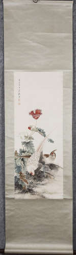 Chinese scroll painting of birds and flower, by Cai Xian