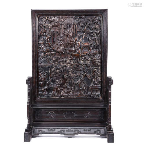ZI TAN wood carved courtyard and figure pattern table screen
