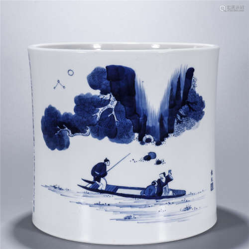 Blue and white figure and poem drawing porcelain brush holder