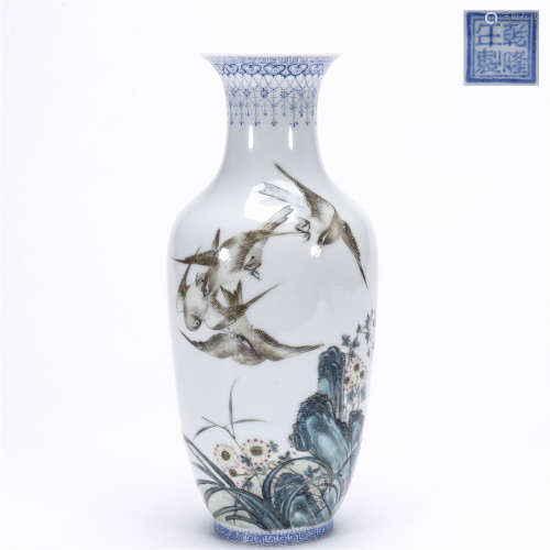 Enamelled flower bird poetry drawing porcelain bottle, QIAN LONG mark