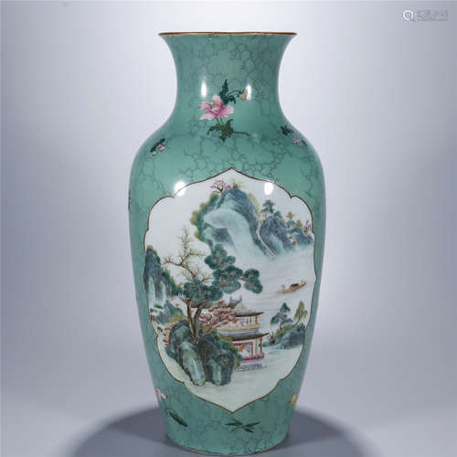 Green glaze landscape drawing porcelain vase, QIAN LONG mark