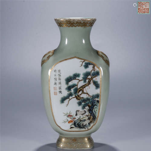 greenish blue glaze flower and peom drawing porcelain vase, QIAN LONG mark