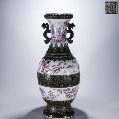Carmine red glaze figure drawing vase with pheonix ears, QIAN LONG mark
