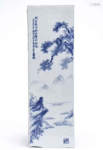 Blue and white landscape and monkey drawing porcelain plate