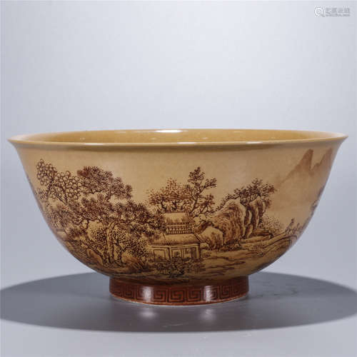 Beige glaze landscape and figure drawing porcelain bowl, QIAN LONG mark