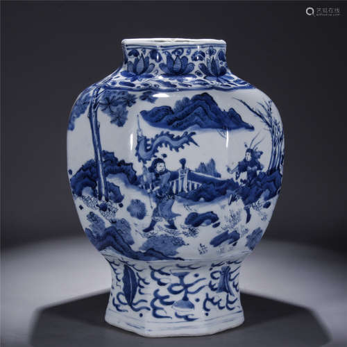 Blue and white san guo story drawing octolateral porcelain jar