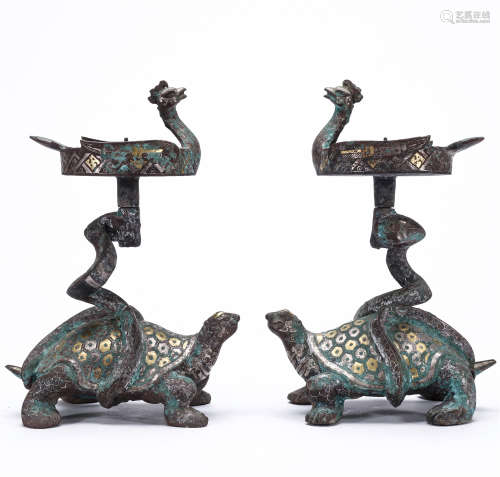 A pair of bronze and gold silver xuan wu zhu que beast lamps