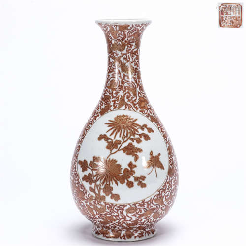 Alum red glaze with gold edge flower and bird drawing porcelain bottle, QIAN LONG mark