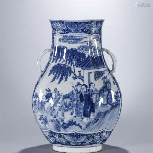 Blue and white figure and story double ear porcelain vase