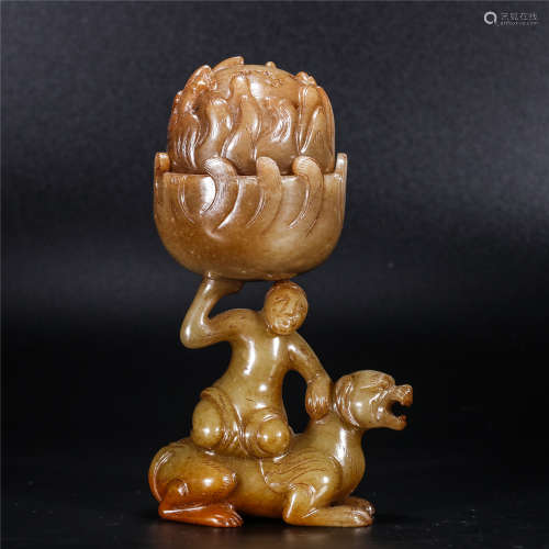 Jade carved Hu people riding animals and lifting phoenix pattern furnace